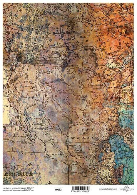 P0122 doorschijnend papier A4 met de kaart van Noord-Amerika met roeststructuur van ITD-collections