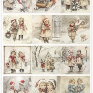 R2683 rijstpapier A4 met kerstkinderen die buitenspelen van ITD-collections
